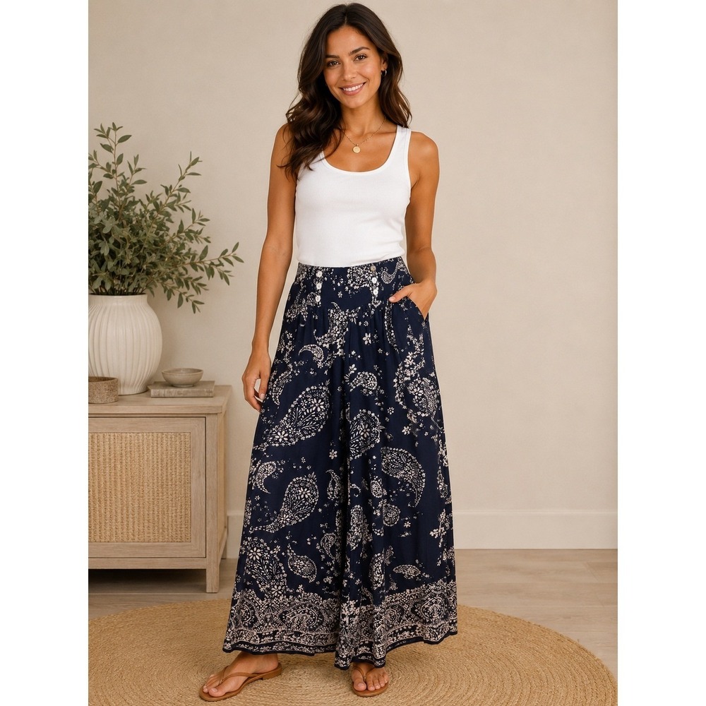 Aqua Paisley Print Wide Leg Palazzo Pants Navy Blue Rayon Smocked Waist Sz L